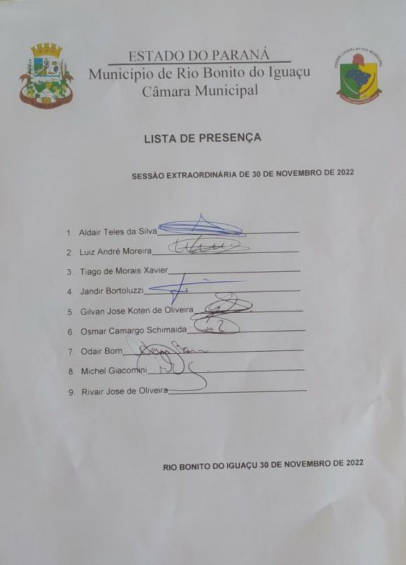 Lista de Presença dos vereadores no dia 30 de novembro de 2022